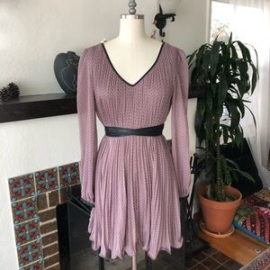 Mauve Polka Dot V-Neck Pleated Mini Dress